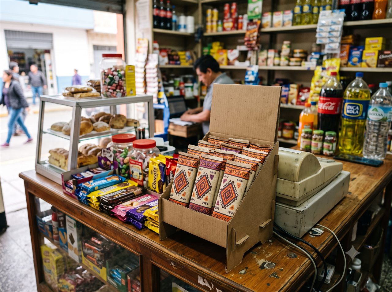 Barras CRUDO en el display de mostrador de una bodega de Lima