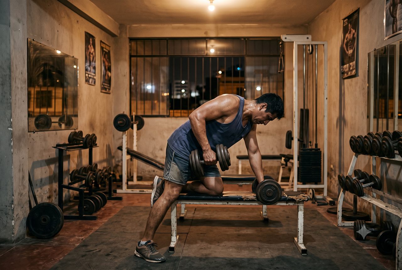 Hombre entrenando con mancuernas en un gimnasio de Lima