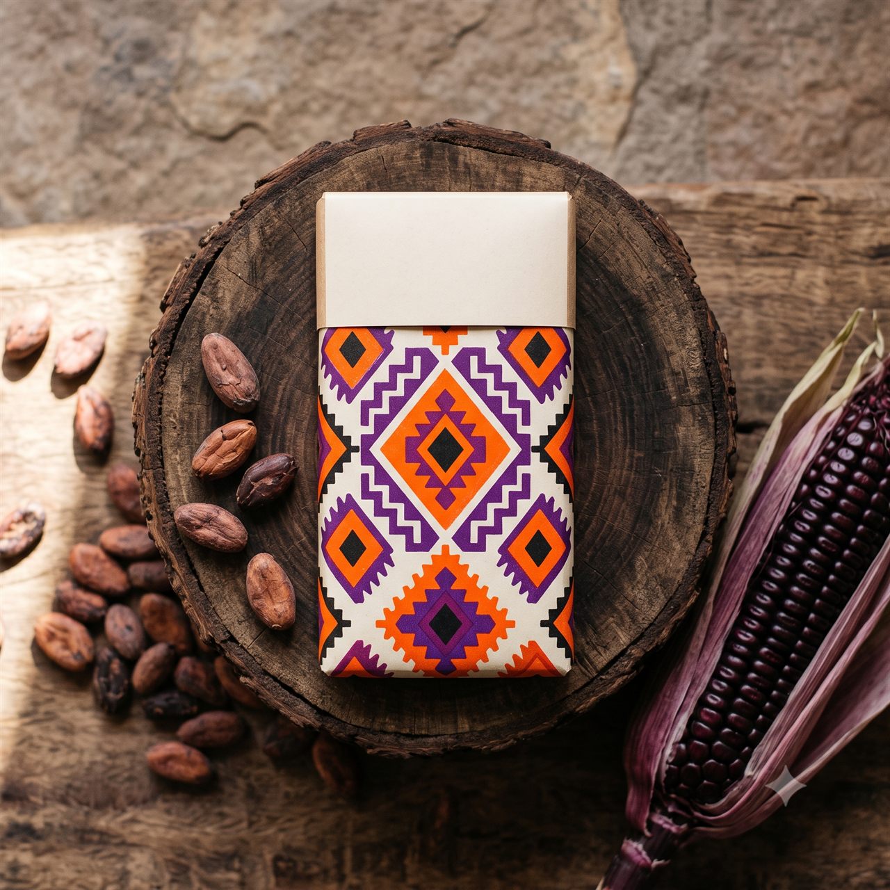 Barra CRUDO de cacao y maíz morado sobre madera